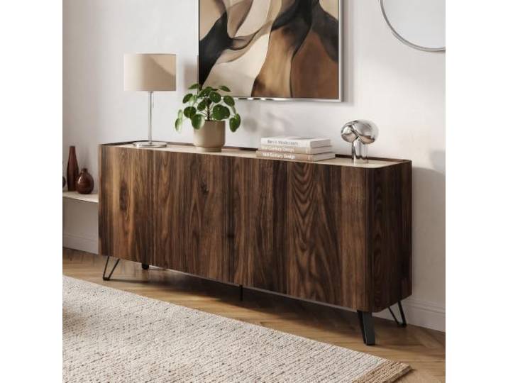 [en.casa] Sideboard Trorlon mit 4 Türen 160x40x83 cm Walnuss/Travertin Wohnzimmerschrank, Kommode mit 4 Fächern, grifflose Türfronten, für Esszimmer, Buffetschrank, Metallfüße
