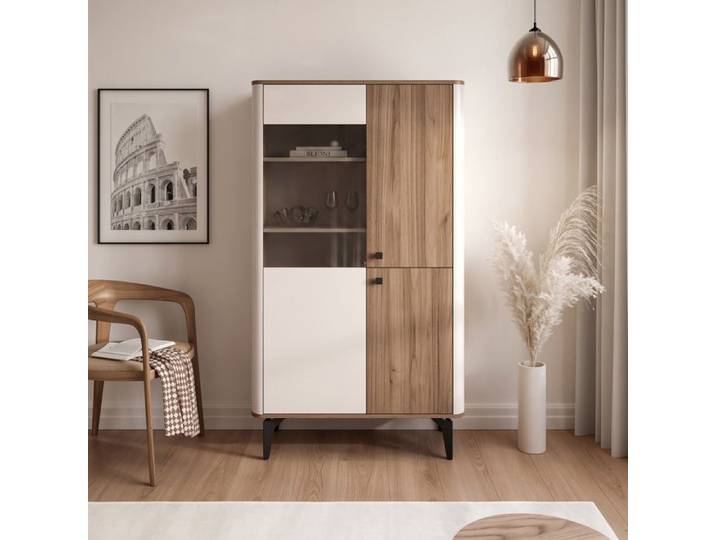 Vitrine BELLAGIO - 3 portes - 88x40x156 cm - 8 compartiments - Cachemire/Noyer