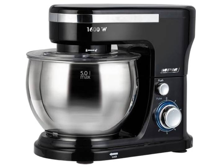 MPM MRK-21 Küchenmaschine 1600W - Knetmaschine mit 5L Edelstahlbehälter & 4L Kunststoffschüssel - Küchenroboter mit 3 Rührbesen, 6 Geschwindigkeiten, Schwarz