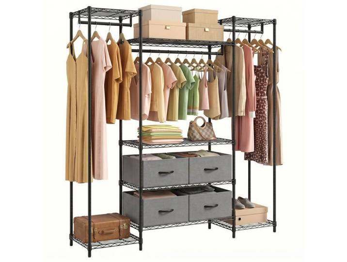 Portant à Vêtements - HOMDOX - Penderie avec 6 Étagères 3 Tringles et 4 Tiroirs en Tissu Armoire de Chambre Gain de Place Noir