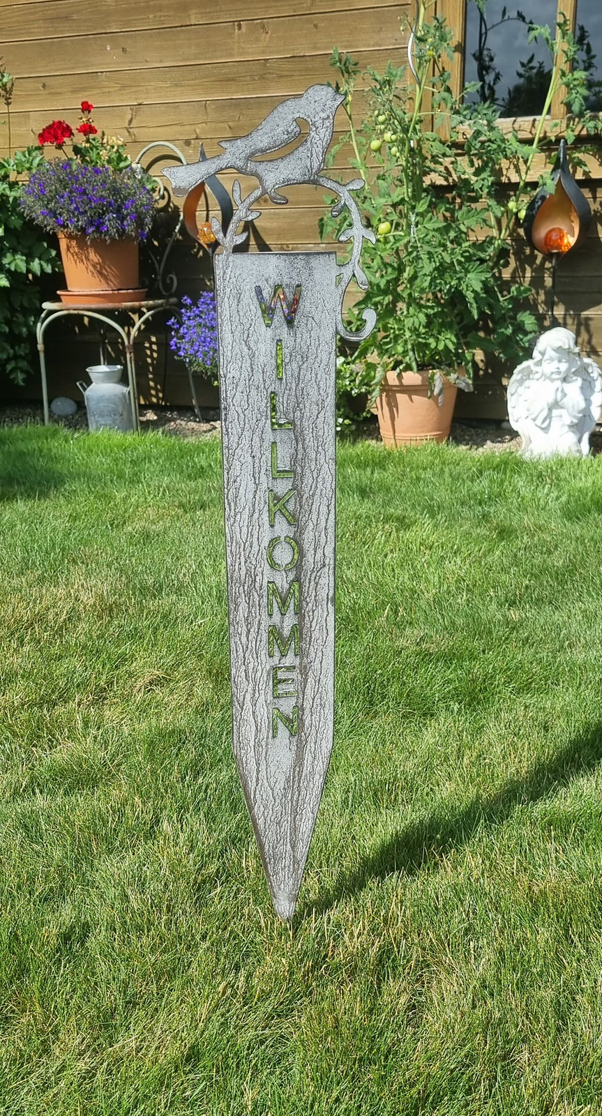 home24 Tuinsteker Willkommen, Grijs, Metaal, B/D/H: 13 x 1 x 70 cm