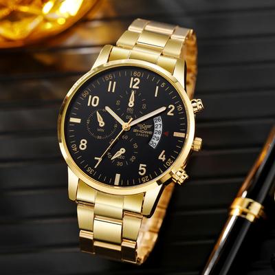 ModernMart Luxury Mens Quartz Watch With Calendar Stainless Steel Business Wristwatch gold Black