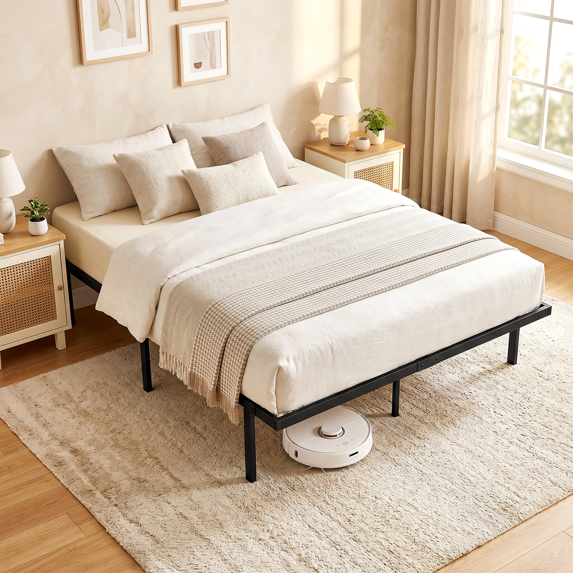 Homcom Struttura Letto a 9 Piedi con Spazio Sotto Letto, Telaio Metallico con Doghe, Design Versatile Senza Testiera, 200,5x141x35,5 cm, Nero   Aosom Italy