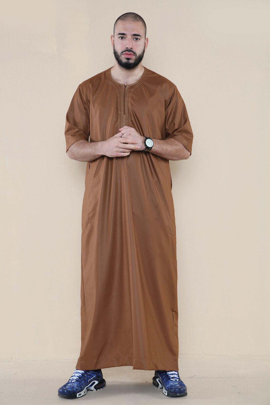 Brauner Thobe Jubba für Herren, islamischer arabischer marokkanischer Saudi-Kaftan mit Reißverschluss und arabischer Robe