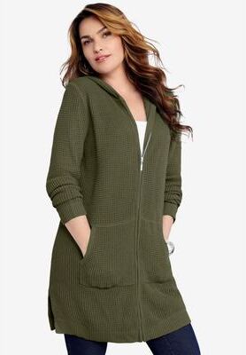Plus Size Women's Waffle Mega Length Zip Hoodie by Roaman's in Dark Olive Green (Size 18/20)