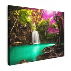 LEINWANDBILD Wasserfall mit bunten Blumen und Bäumen - Natur - Dschungel Wandbilder 80x60 cm