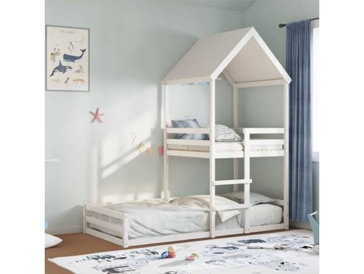 RJPLMFV Etagenbett, Weiß, 90 x 200 cm, massives Kiefernholz Ohne Matratze, Leiter inklusive, Lamellen, langlebig für Kinder