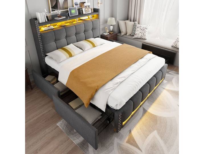 Lit Double 160x200 cm - Capitonné - LED - Rangement avec tiroirs
