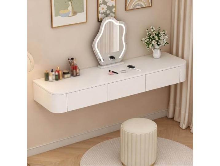 PGZMDTWI Schwebender Schminktisch, Wandtisch, Steintisch Minimalistisches Schwebendes Design mit Schubladen, Einfacher Aufbau für Zuhause, Büro und Wohnung(White,100 cm39.37 in)