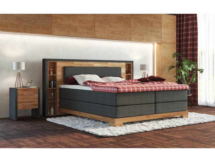 Boxspringbett Schweden mit Holzrahmen und seitlichen Regalen – 3%-Vorkasse-Rabatt