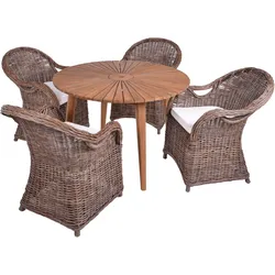 Garden Pleasure Tischgruppe FREMONT / BREST 01, Tisch Ø 110 + 4 Sessel, Akazie / Kubu Rattan Braun-Antik / Kissen 100 % Polyester