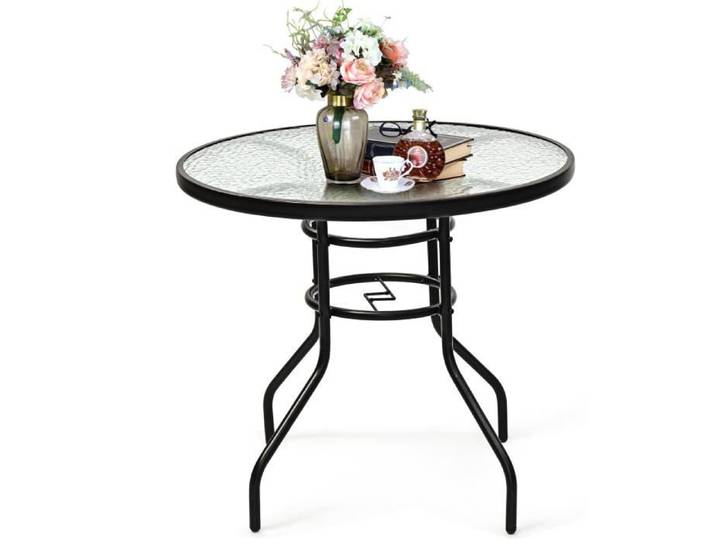 GIANTEX Table Basse de Jardin Ronde en Verre Trempé avec Trou de Parasol Table d'Appoint Cadre en Fer ø 80 CM x H 72CM Charge 80KG