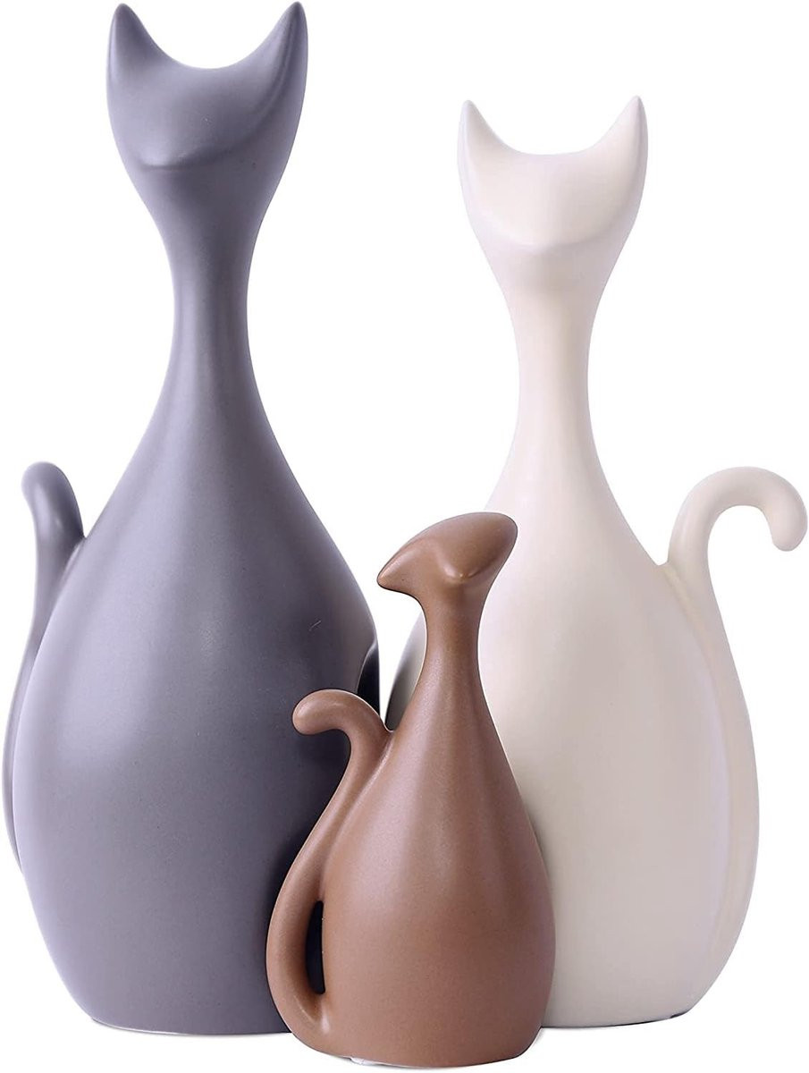 Keramische Katten Familie Decoratie Beeldjes - Wit - Handgemaakt