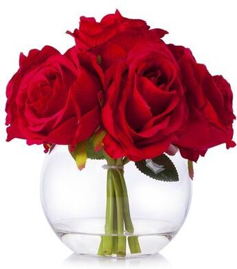 Enova Home Artificial 7 Heads Large Silk Roses Fake Flowers Arrangement in Clear Glass Vase with Faux Water for Home Decoration