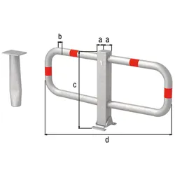 Alberts® Parkplatzbügel Stoppy I umlegb.,Dreik.,fvz.,4 rote Ringe,z.Einb.,B950mm 770051