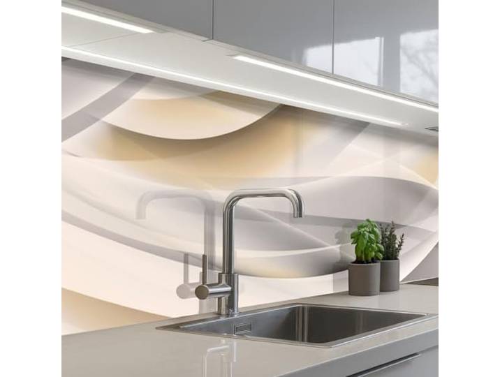 KitchenYeah© Küchenrückwand Selbstklebende Kitchen Wall Protector Küchen 80x400 cm - Rückenwand Küchenfronten Küchenrückwände Küche Wand Wellen - Abstrakt - Beige