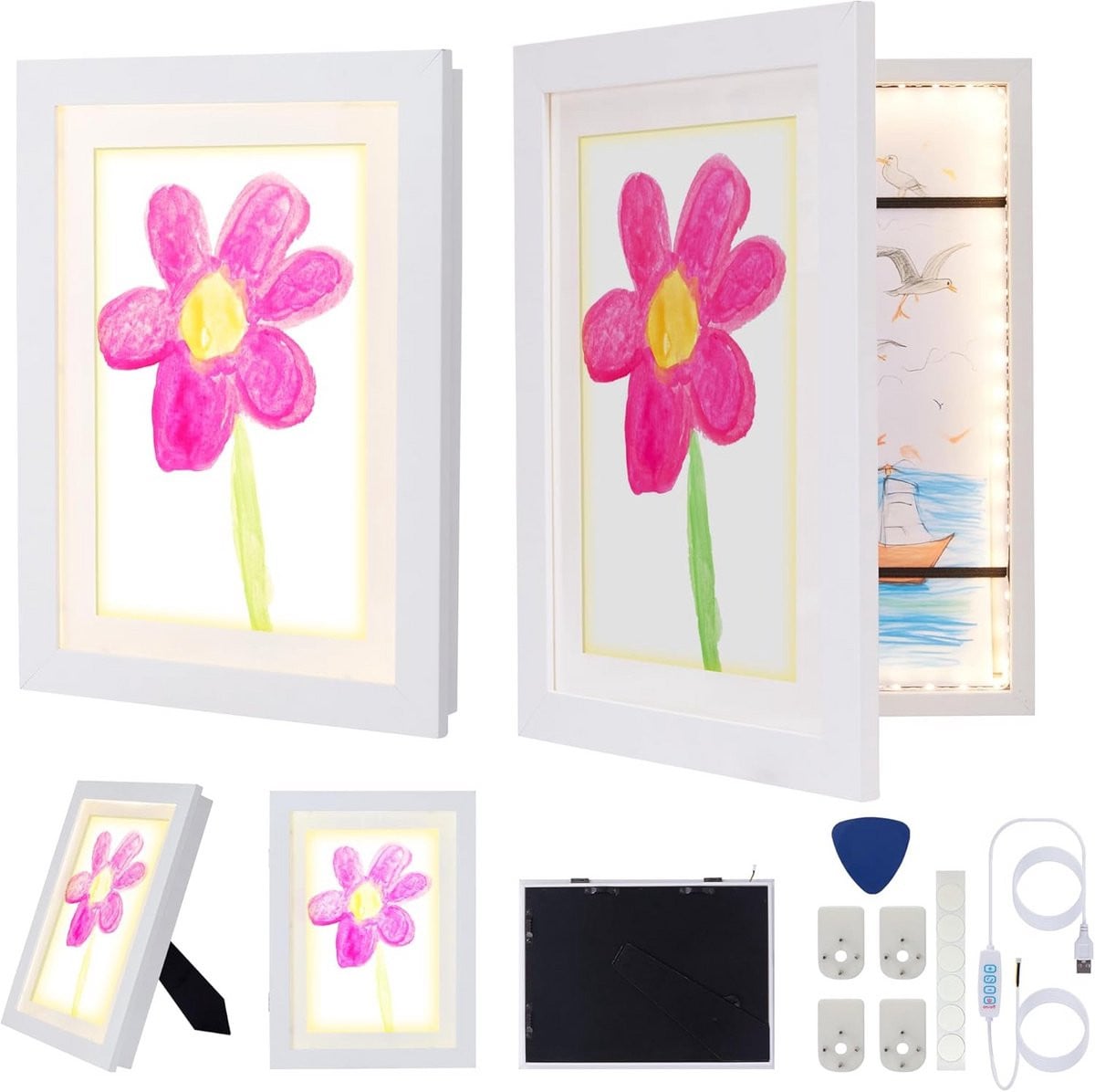 Lichtgevend Fotolijst A4 voor Kindertekeningen met LED-verlichting en Opslag - 3 Kleuren