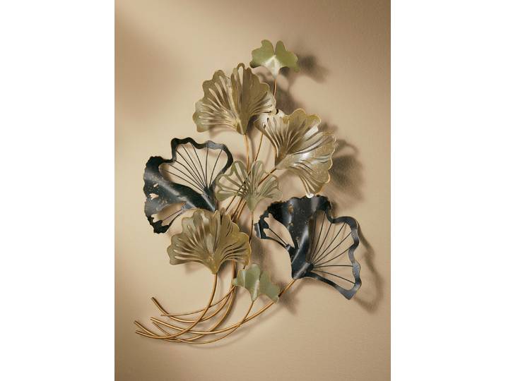 Wanddekoration Ginkgoblätter aus Metall, Anthrazit-Beige-Gold