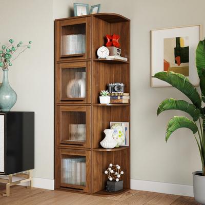 Kodotan sofa Tall Display Cabinet with Fluted Glass Doors, Freestanding Bookcase and Open Shelves, Modern Accent Storage Cabinet