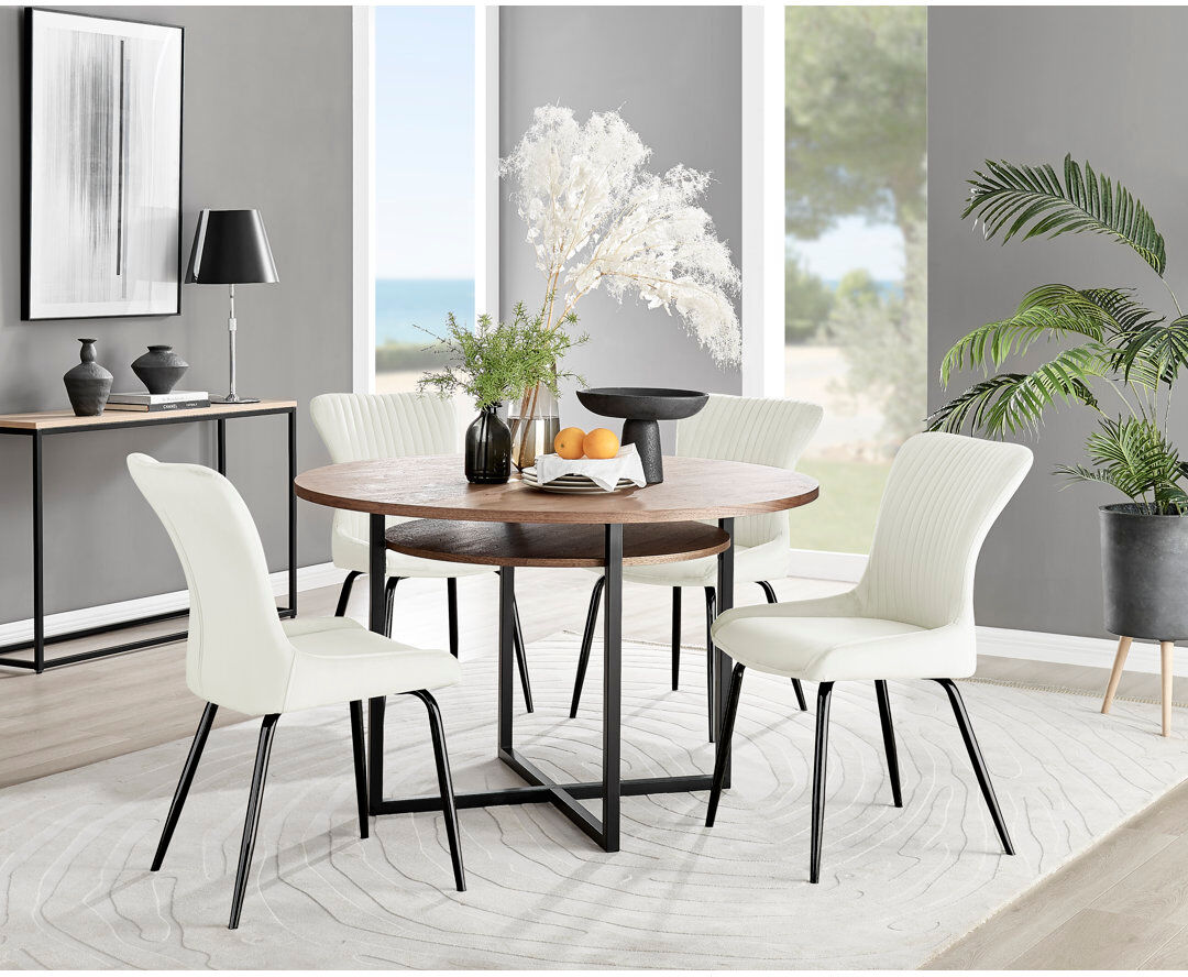 Canora Grey Round Wood Effect Dining Table With Storage Shelf & 4 Velvet Dining Chairs Cream/Black 4