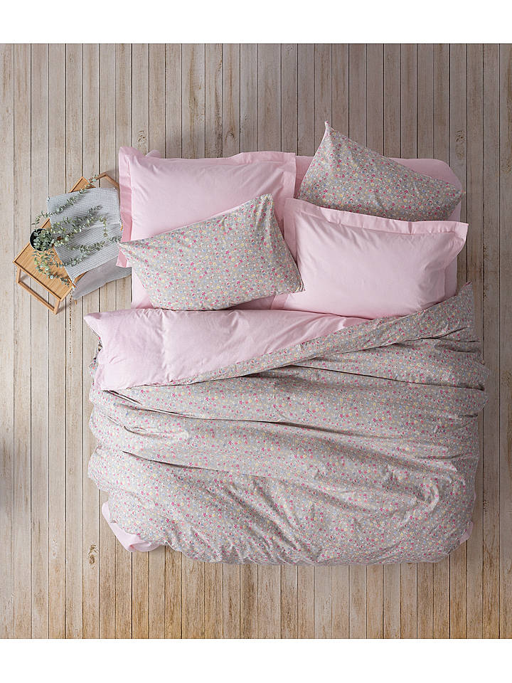 Elizabed Renforcé-Bettwäsche-Set in Grau/ Rosa - 200x200 cm