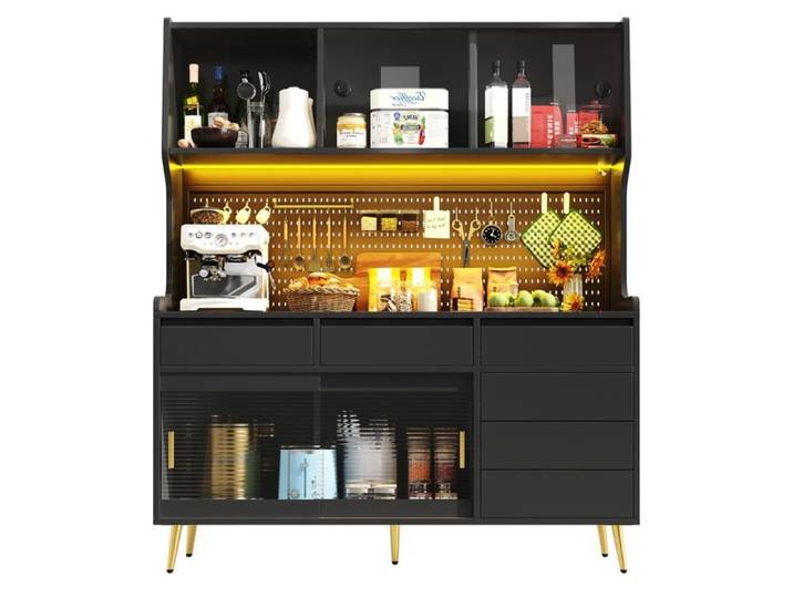 Buffet haut - WESTYLE - 145x39x171 cm - LED pilotable (app) - Portes coulissantes verre strié - Style industriel