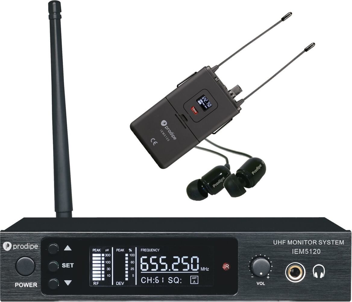 Prodipe In-Ear-Monitoring-System IEM5120 UHF 100 Kanäle 80m Reichweite Taschensender 66x108x22mm inkl. IEM3 Ohrhörer