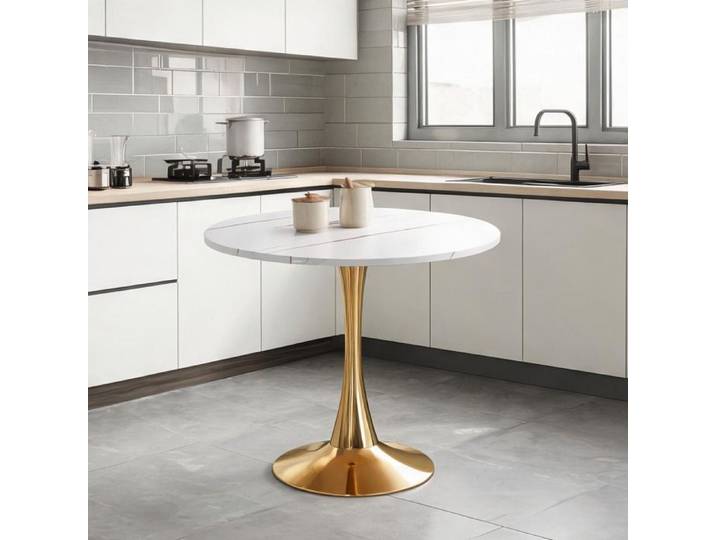 Table ronde design pied tulipes en métal et MDF blanc classique Ø80 cm