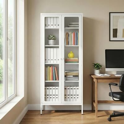 SUNCROWN "67"" Display Curio Glass Metal Storage Cabinet Bookshelves with Glass Doors and 4 Adjustable Shelves"