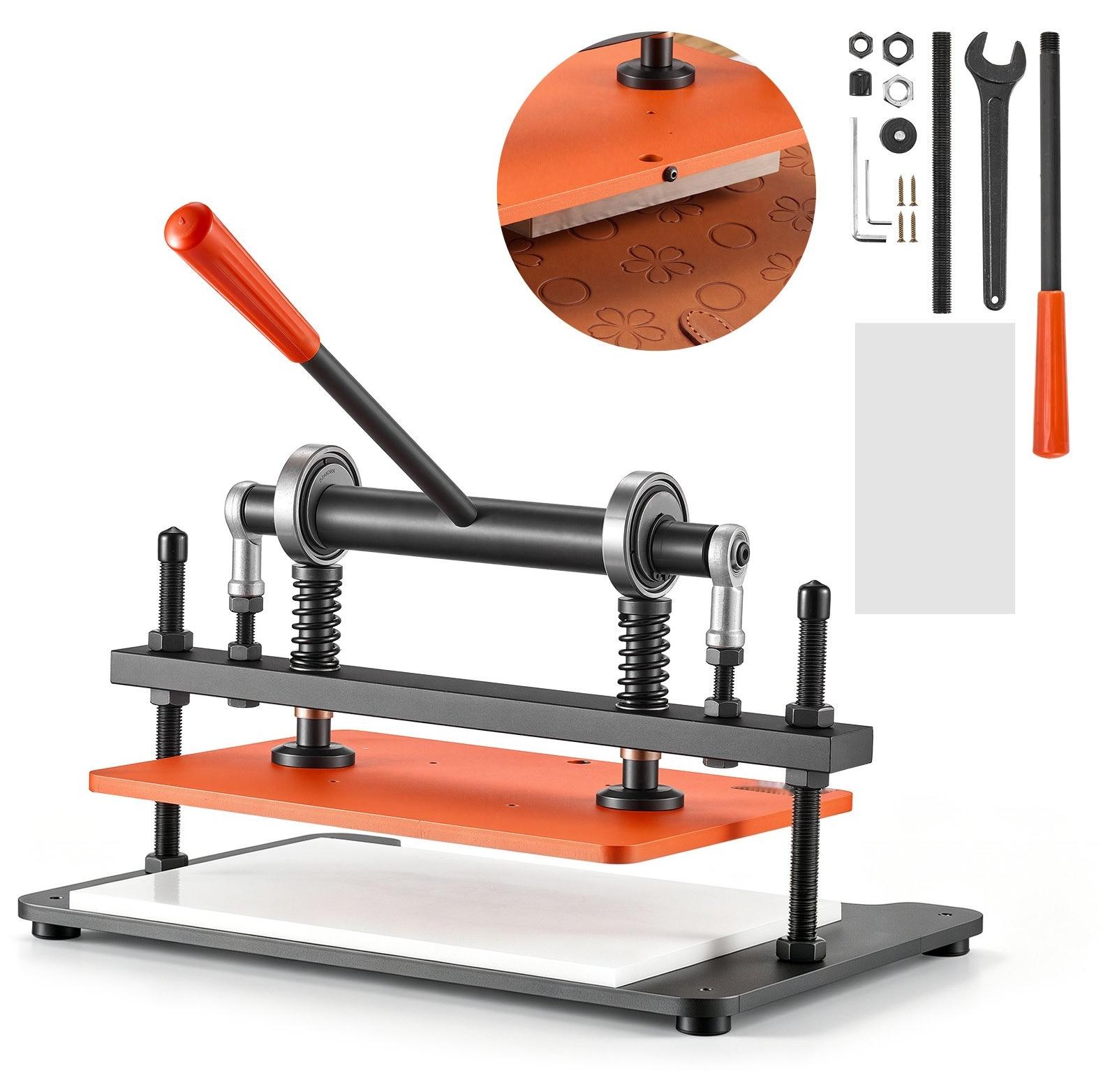 Lederstanzmaschine - Manuelle Lederschneidemaschine und Handpresse - Prägen und Stanzen - Arbeitsfläche 360 x 260 mm - 1,5 t Druckkraft - 12 mm Hub - Zwei Führungswellen - Stahlkonstruktion