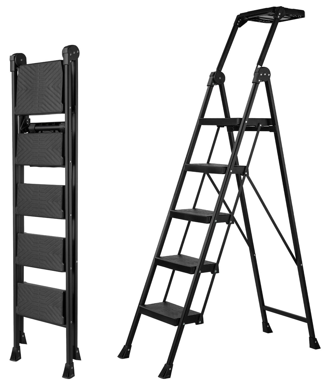 Selius 5-traps Klapladder met Opbergruimte en Brede Standplaats, Staal