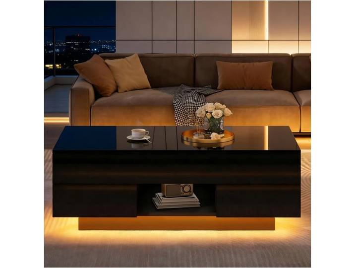 Table Basse Relevable 100x45x43cm Noir Laquée Brillante 2 Tiroirs Et Rangement Dissimulé Éclairage LED Table De Salon Console