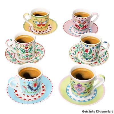 Spring Folk 6er Set Espressotassen 80ml mit Untertassen Porzellan bunt Folk