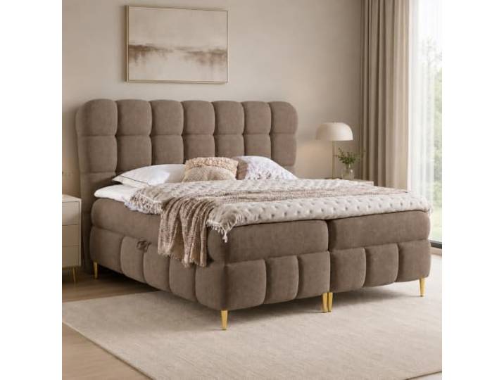 Home Collective Elegantes Polsterbett aus Strukturstoff mit Karosteppung, goldenen Metallfüßen, Stauraum und Taschenfederkern. Doppelbett.