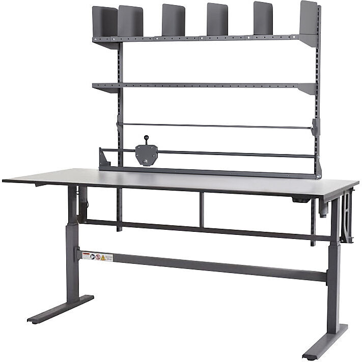 Packtisch, elektrisch höhenverstellbar, mit 2 Etagenböden, Papier-/Folienabroller und Schneideinheit, Breite 2000 mm eurokraft pro