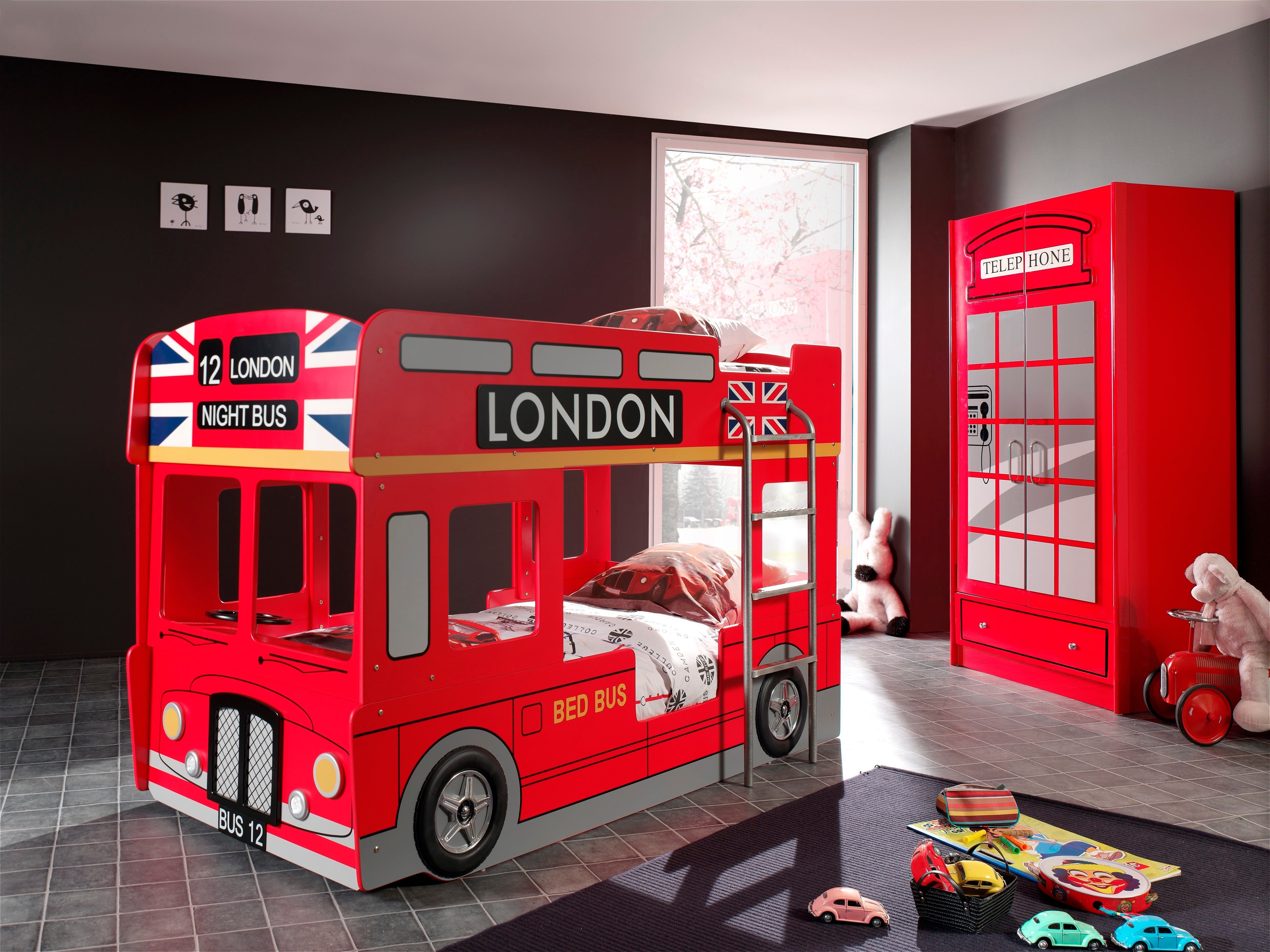 Etagenbett VIPACK "London, in Londoner Stadtbuss-Optik, das Highlight im Kinderzimmer", rot, H:132cm L:215cm, Etagenbetten, Etagenbett, inkl. Bodenplatten für die Matratzenauflagen und seitlicher Leiter rot LED-Beleuchtung, Liegefläche B/L: 90cm x 200cm H