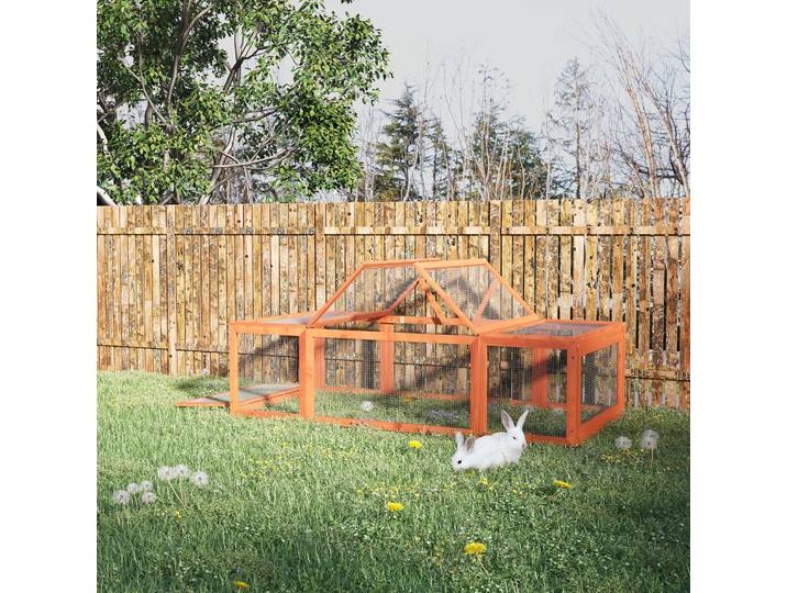 PawHut Konijnenren Buiten Ruim Verblijf met Ren Massief Houten Frame 100x60x100 cm Veilig Ontwerp Verhoogde Bodem Oranje Aosom.nl