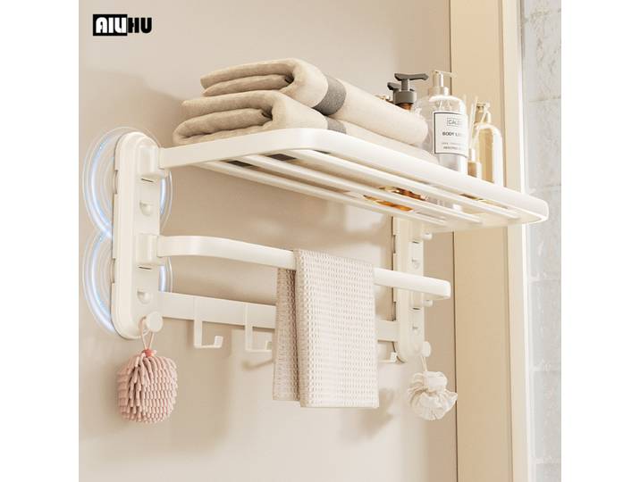 AILIHU Porte-serviettes à ventouse, Organisateur mural de salle de bain sans perçage, Étagère de rangement pliable et antirouille pour salle de bain