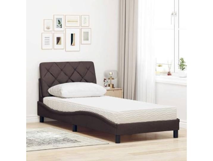 KTHLBRH Bett mit Matratze Dunkelbraun 90 x 200 cm aus Stoff 22D PU-Schaumstoff, Lattenrost inklusive, Kissen Kopfteil, Montage erforderlich