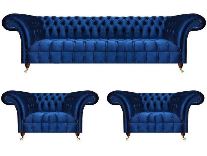 Xlmoebel Chesterfield-Sofa Blaues Chesterfield-Sofa aus hochwertigem Textil mit Knopfverzierungen, Hergestellt in Europa