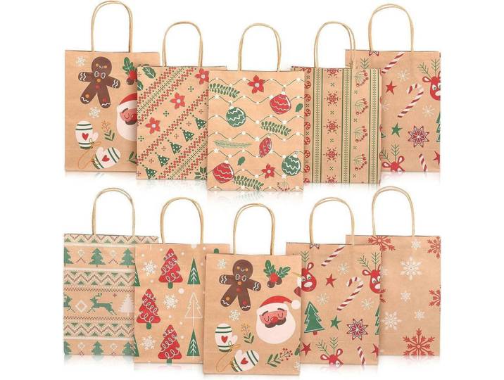 Geschenktüten 24-teiliges Set Kraftpapier Weihnachten mit Henkel 23 cm, Mehrfarbig, Papier, 18.5x8.5x23 cm, Dekoration, Geschenkartikel