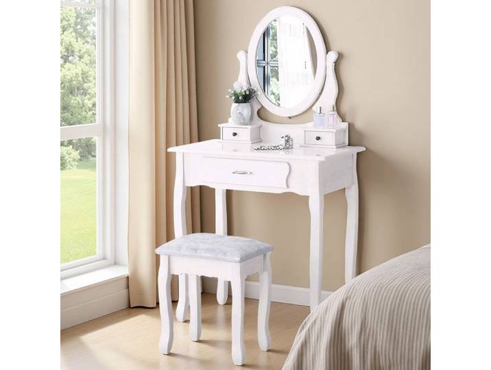 ADWOLT Coiffeuse avec Miroir 3 tiroirs et Tabouret 75x40x136 cm Finition Laquée Blanche Style moderne