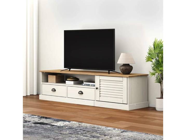 Meuble TV - Meuble Séjour - Armoire TV VIGO blanc 156x40x40 cm - Bois massif de pin - CFW122093