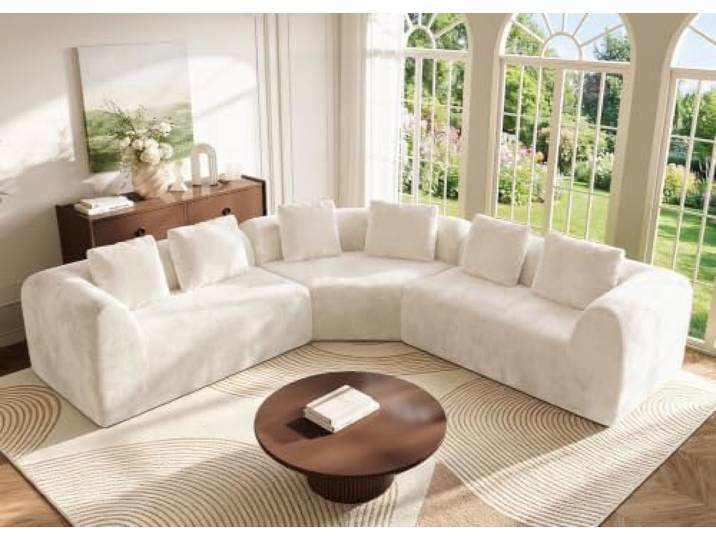 275cm Cremeweißes geschwungenes Ecksofa, Chenille Wolkensofa ohne Rahmen