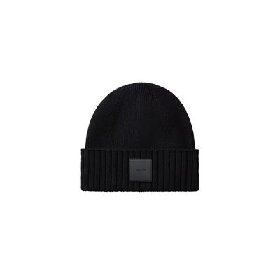 Beanie CALVIN KLEIN JEANS "LEATHER PATCH WOOL BLEND BEANIE", Herren, schwarz, Strick, Wollmischung, unifarben, Mützen Beanie, Regular fit mit aufgeschlagenem Saum, Kaschmir-Anteil