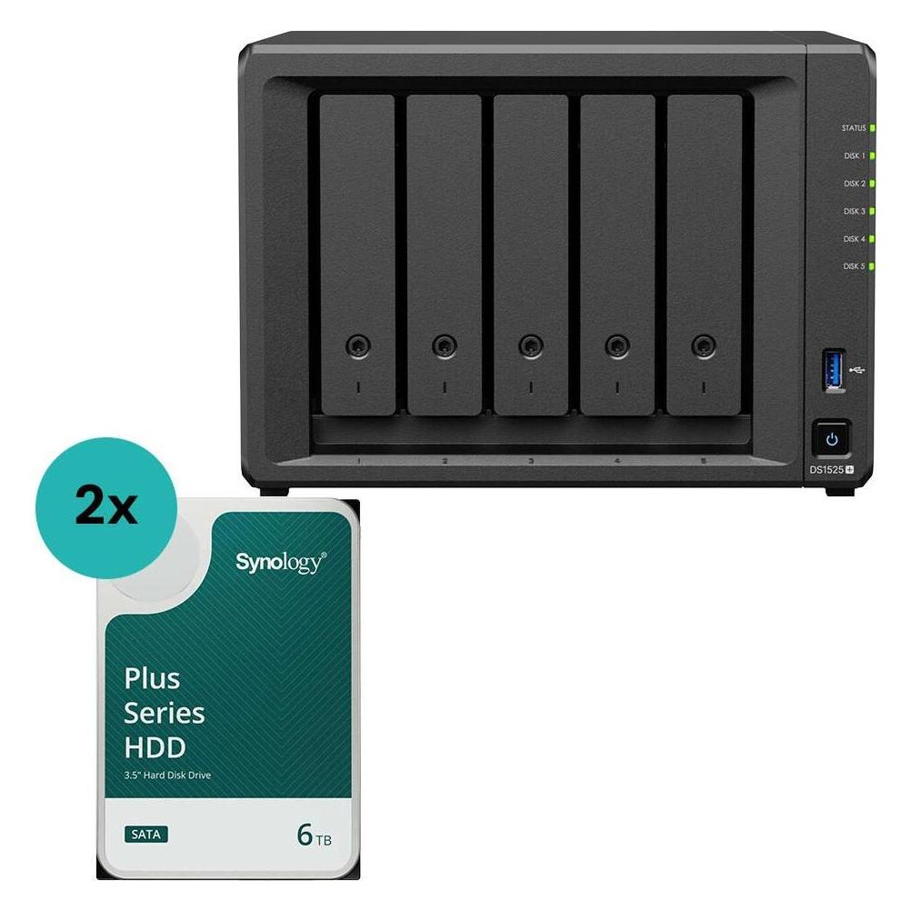 Synology DiskStation DS1525+ 5 Einschübe NAS-Server Leergehäuse (DS1525+) + 2x Plus 3.5... (2 x 6 TB) (DS1525+HAT3300-6T)