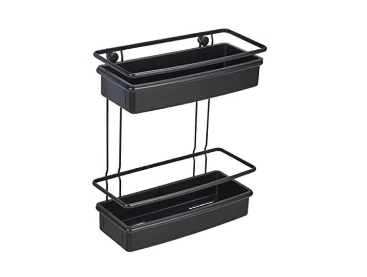 WENKO Wandregal Molinella, Bad-Ablage mit 2 Etagen und tiefen Körbchen für sicheren Stand von Pflegeprodukten, aus matt lackiertem Edelstahl mit Einsatz aus Kunststoff, (BxHxT): 30x35x14 cm, Schwarz