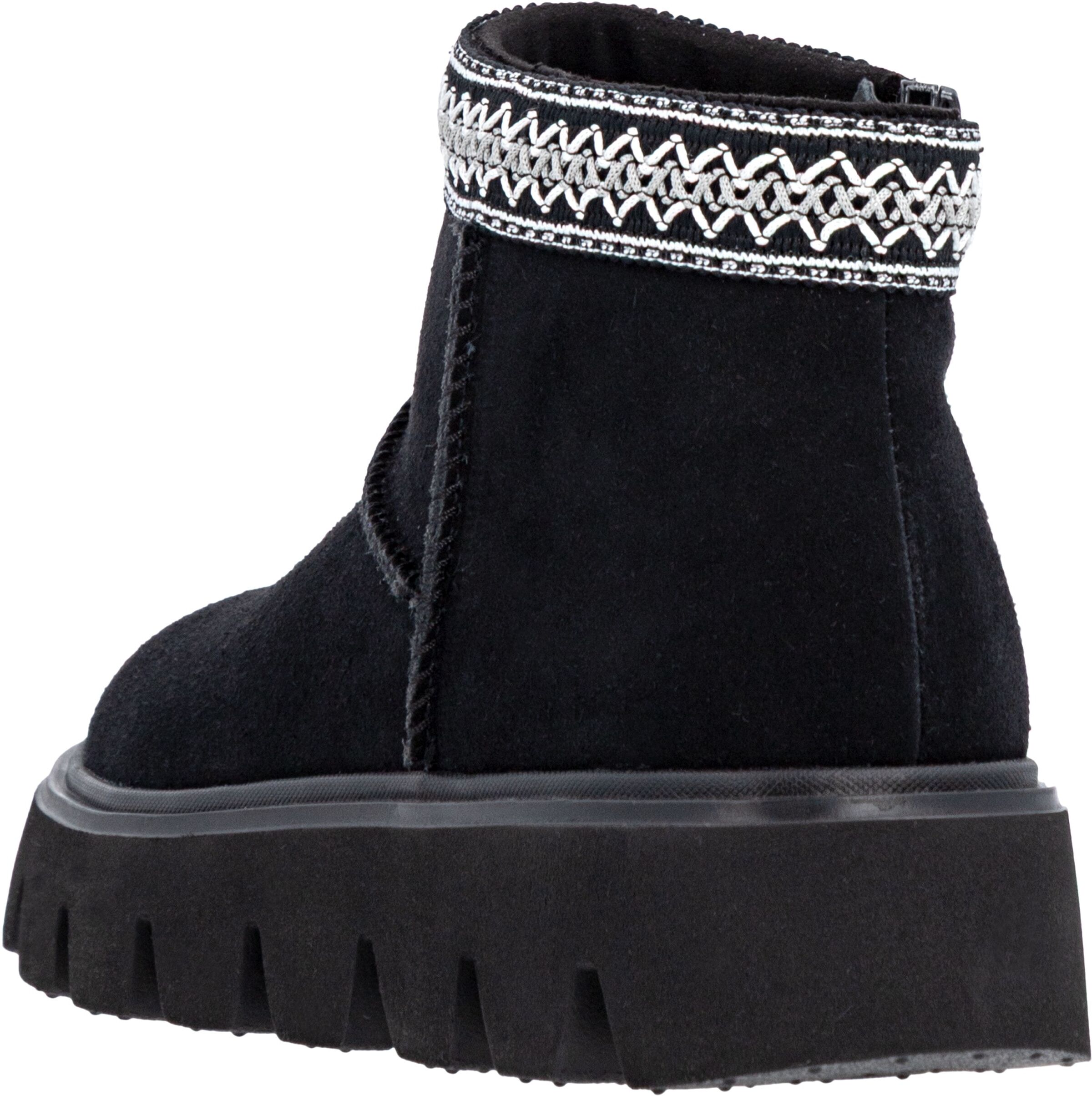 Winterboots RIEKER, Damen, Gr. 42, Warmfutter, schwarz, Veloursleder, ethno, Schuhe Winterboots, Plateauboots, Stiefelette mit Textileinfass im Ethno-Look schwarz 42, Warmfutter