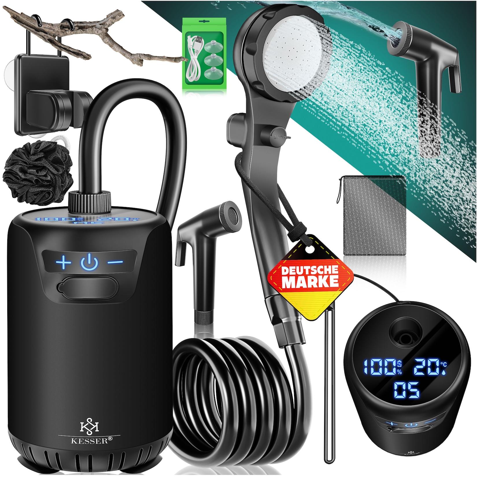 KESSER® Campingdusche Solardusche mit Pumpe & wiederaufladbarem Akku 8000mAh Mobile Dusche Camping Dusche Set inkl. einstellbarem Duschkopf, 2m Schlauch, Sprühpistole & Halterung