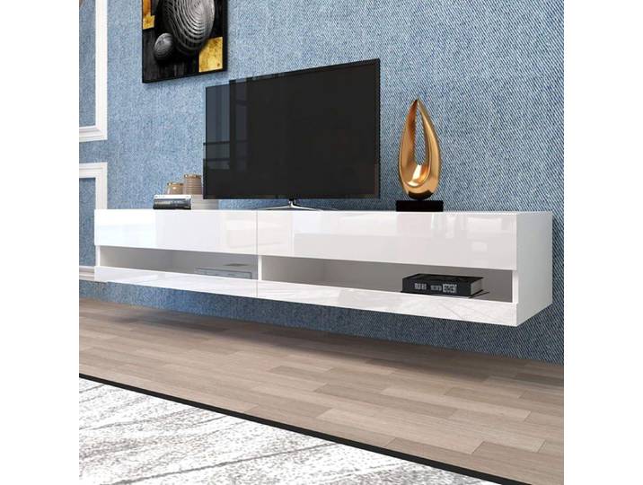 VLIVRA Meuble tv suspendu blanc - éclairage led et rangement pratique mdf - 140x40x30 5 cm